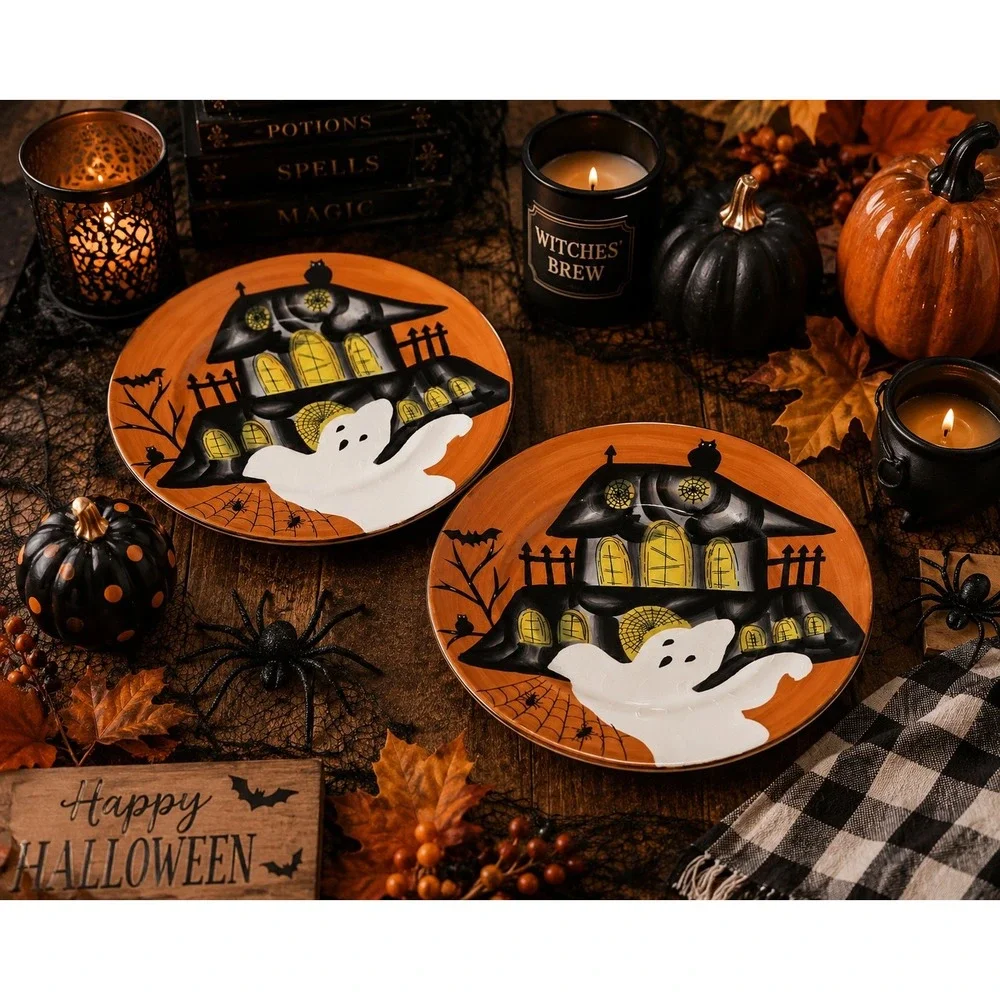 Gates Ware Laurie Gates Halloween Haunted House Ghost Salad Plates Set of 2 8.5